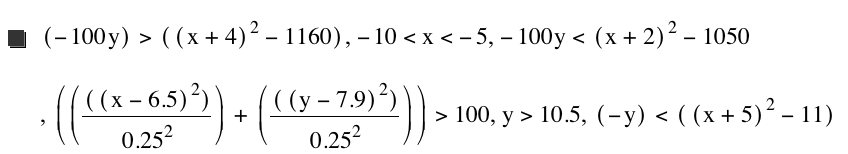 [-(100*y)]>[[x+4]^2-1160],-10<x<-5,-(100*y)<[x+2]^2-1050,[[[[x-6.5]^2]/0.25^2]+[[[y-7.9]^2]/0.25^2]]>100,y>10.5,[-y]<[[x+5]^2-11]