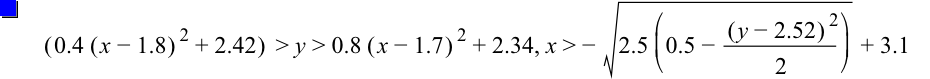 [0.4*[x-1.8]^2+2.42]>y>0.8*[x-1.7]^2+2.34,x>-sqrt(2.5*[0.5-[y-2.52]^2/2])+3.1