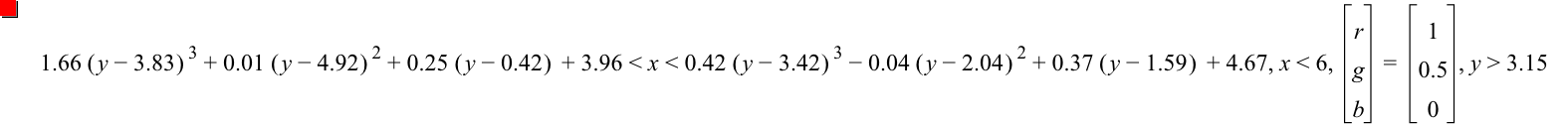 1.66*[y-3.83]^3+0.01*[y-4.92]^2+0.25*[y-0.42]+3.96<x<0.42*[y-3.42]^3-(0.04*[y-2.04]^2)+0.37*[y-1.59]+4.67,x<6,vector(r,g,b)=vector(1,0.5,0),y>3.15