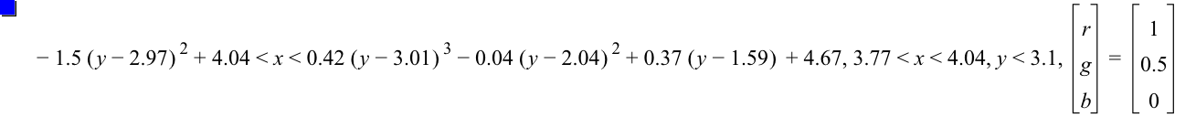 -(1.5*[y-2.97]^2)+4.04<x<0.42*[y-3.01]^3-(0.04*[y-2.04]^2)+0.37*[y-1.59]+4.67,3.77<x<4.04,y<3.1,vector(r,g,b)=vector(1,0.5,0)