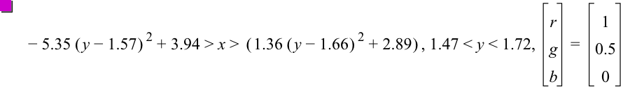 -(5.35*[y-1.57]^2)+3.94>x>[1.36*[y-1.66]^2+2.89],1.47<y<1.72,vector(r,g,b)=vector(1,0.5,0)