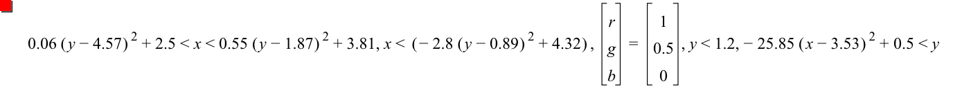 0.06*[y-4.57]^2+2.5<x<0.55*[y-1.87]^2+3.81,x<[-(2.8*[y-0.89]^2)+4.32],vector(r,g,b)=vector(1,0.5,0),y<1.2,-(25.85*[x-3.53]^2)+0.5<y