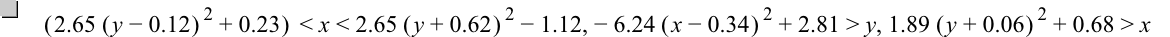 [2.65*[y-0.12]^2+0.23]<x<2.65*[y+0.62]^2-1.12,-(6.24*[x-0.34]^2)+2.81>y,1.89*[y+0.06]^2+0.68>x