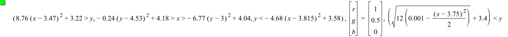 [8.76*[x-3.47]^2+3.22>y,-(0.24*[y-4.53]^2)+4.18>x>-(6.77*[y-3]^2)+4.04,y<-(4.68*[x-3.815]^2)+3.58],vector(r,g,b)=vector(1,0.5,0),[sqrt(12*[0.001-[x-3.75]^2/2])+3.4]<y