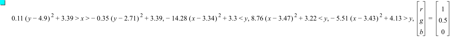 0.11*[y-4.9]^2+3.39>x>-(0.35*[y-2.71]^2)+3.39,-(14.28*[x-3.34]^2)+3.3<y,8.76*[x-3.47]^2+3.22<y,-(5.51*[x-3.43]^2)+4.13>y,vector(r,g,b)=vector(1,0.5,0)