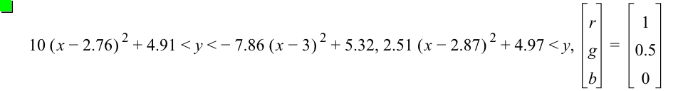 10*[x-2.76]^2+4.91<y<-(7.86*[x-3]^2)+5.32,2.51*[x-2.87]^2+4.97<y,vector(r,g,b)=vector(1,0.5,0)