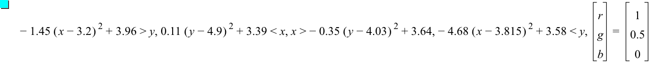 -(1.45*[x-3.2]^2)+3.96>y,0.11*[y-4.9]^2+3.39<x,x>-(0.35*[y-4.03]^2)+3.64,-(4.68*[x-3.815]^2)+3.58<y,vector(r,g,b)=vector(1,0.5,0)