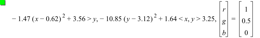 -(1.47*[x-0.62]^2)+3.56>y,-(10.85*[y-3.12]^2)+1.64<x,y>3.25,vector(r,g,b)=vector(1,0.5,0)