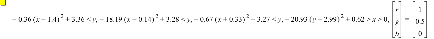 -(0.36*[x-1.4]^2)+3.36<y,-(18.19*[x-0.14]^2)+3.28<y,-(0.67*[x+0.33]^2)+3.27<y,-(20.93*[y-2.99]^2)+0.62>x>0,vector(r,g,b)=vector(1,0.5,0)