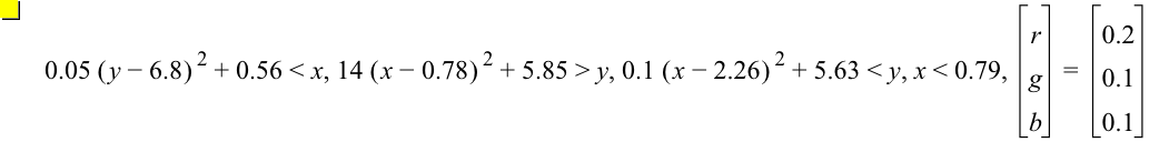 0.05*[y-6.8]^2+0.5600000000000001<x,14*[x-0.78]^2+5.85>y,0.1*[x-2.26]^2+5.63<y,x<0.79,vector(r,g,b)=vector(0.2,0.1,0.1)