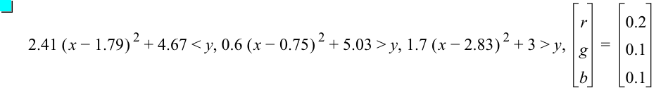 2.41*[x-1.79]^2+4.67<y,0.6*[x-0.75]^2+5.03>y,1.7*[x-2.83]^2+3>y,vector(r,g,b)=vector(0.2,0.1,0.1)