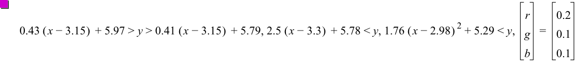 0.43*[x-3.15]+5.97>y>0.41*[x-3.15]+5.79,2.5*[x-3.3]+5.78<y,1.76*[x-2.98]^2+5.29<y,vector(r,g,b)=vector(0.2,0.1,0.1)