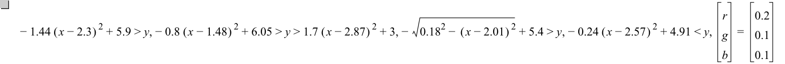 -(1.44*[x-2.3]^2)+5.9>y,-(0.8*[x-1.48]^2)+6.05>y>1.7*[x-2.87]^2+3,-sqrt(0.18^2-[x-2.01]^2)+5.4>y,-(0.24*[x-2.57]^2)+4.91<y,vector(r,g,b)=vector(0.2,0.1,0.1)