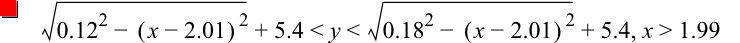 sqrt(0.12^2-[x-2.01]^2)+5.4<y<sqrt(0.18^2-[x-2.01]^2)+5.4,x>1.99