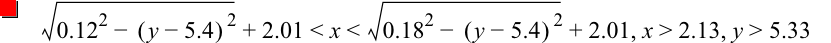 sqrt(0.12^2-[y-5.4]^2)+2.01<x<sqrt(0.18^2-[y-5.4]^2)+2.01,x>2.13,y>5.33