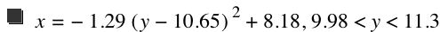 x=-(1.29*[y-10.65]^2)+8.18,9.98<y<11.3