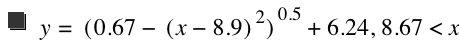 y=[0.67-[x-8.9]^2]^0.5+6.24,8.67<x