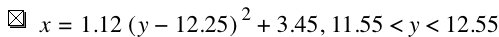 x=1.12*[y-12.25]^2+3.45,11.55<y<12.55