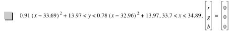 0.91*[x-33.69]^2+13.97<y<0.78*[x-32.96]^2+13.97,33.7<x<34.89,vector(r,g,b)=vector(0,0,0)