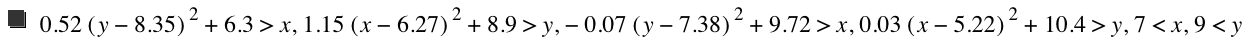 0.52*[y-8.35]^2+6.3>x,1.15*[x-6.27]^2+8.9>y,-(0.07000000000000001*[y-7.38]^2)+9.720000000000001>x,0.03*[x-5.22]^2+10.4>y,7<x,9<y