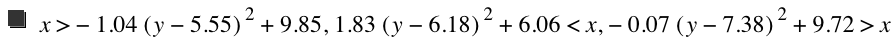 x>-(1.04*[y-5.55]^2)+9.85,1.83*[y-6.18]^2+6.06<x,-(0.07000000000000001*[y-7.38]^2)+9.720000000000001>x